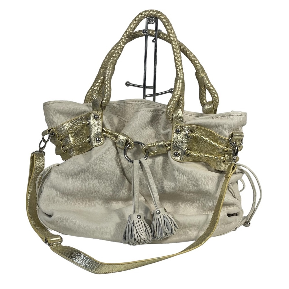 Flora Bella Ivory Gold Leather Tassel Braided Handle Large Hobo Handmade Handbag